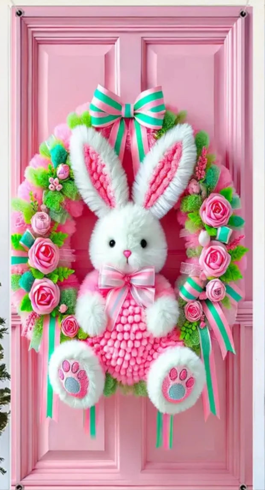 Happy Easter Theme Background Spring Door Cover – Wunderschöner Türkranz mit Hasen, Blumen und Eiern