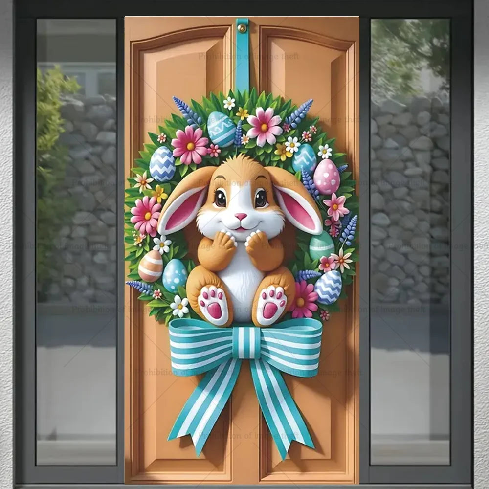 Happy Easter Theme Background Spring Door Cover – Wunderschöner Türkranz mit Hasen, Blumen und Eiern