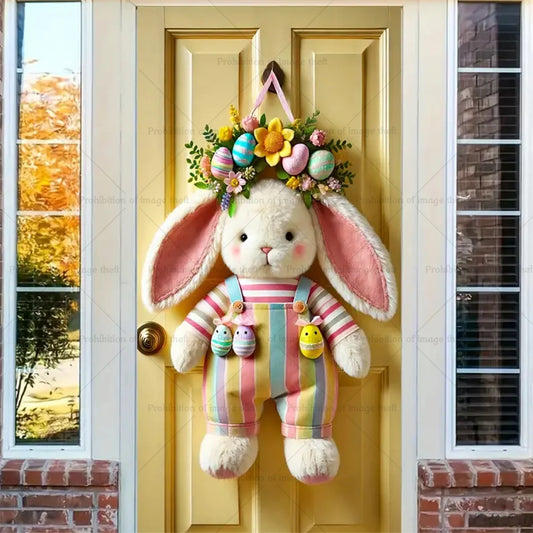 Happy Easter Theme Background Spring Door Cover – Wunderschöner Türkranz mit Hasen, Blumen und Eiern