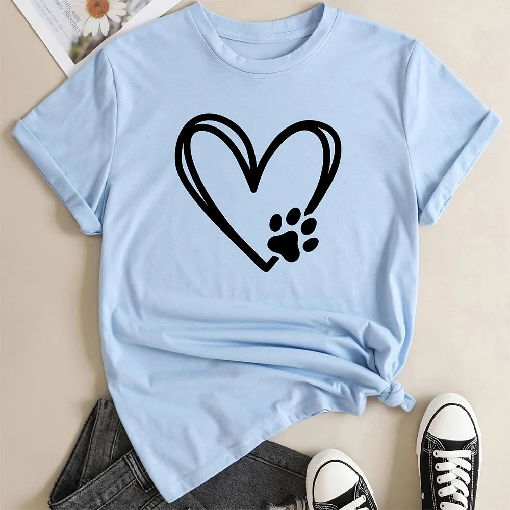 2024 Summer Women's T-Shirt – Plus Size Heart and Dog Footprint Printed Top