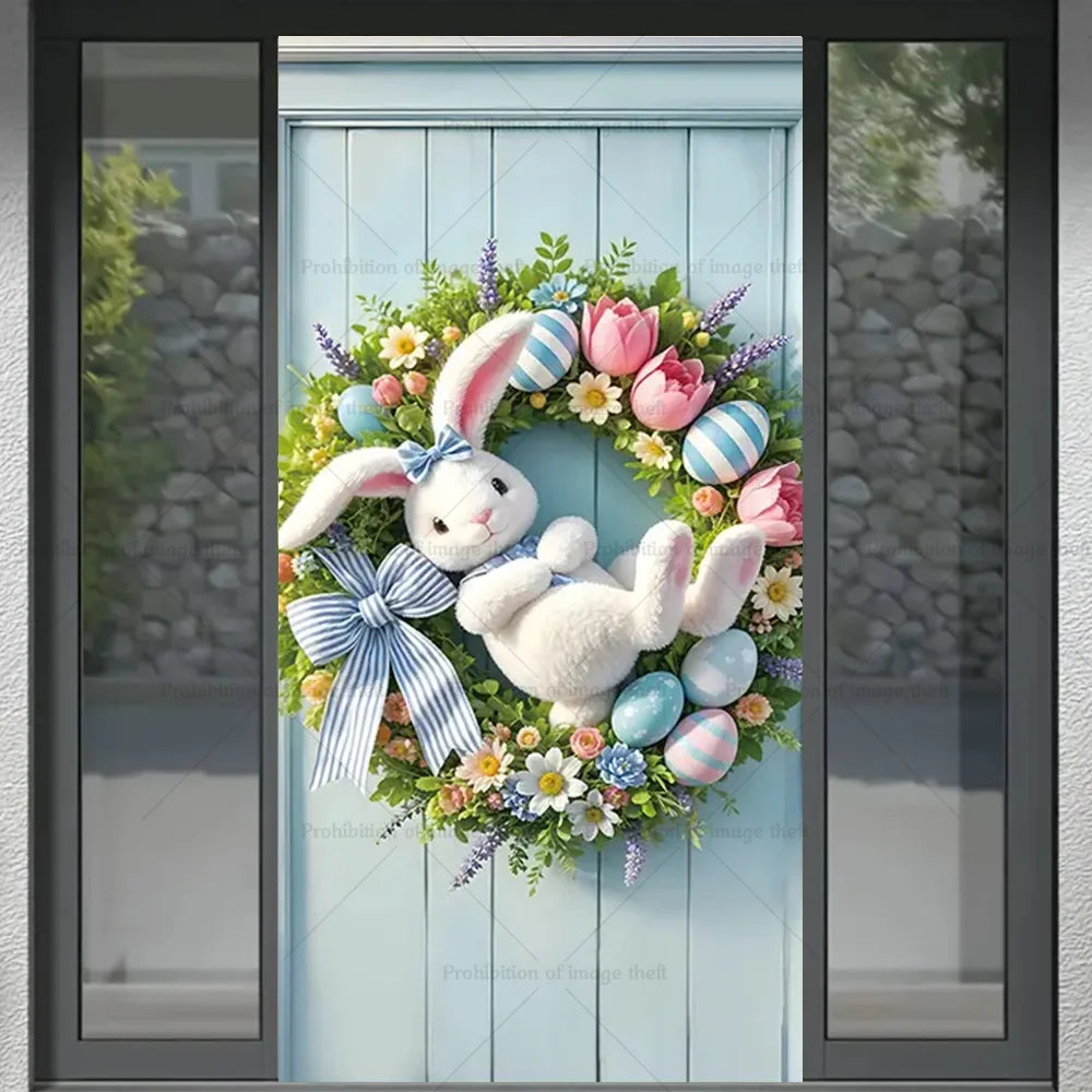 Happy Easter Theme Background Spring Door Cover – Wunderschöner Türkranz mit Hasen, Blumen und Eiern