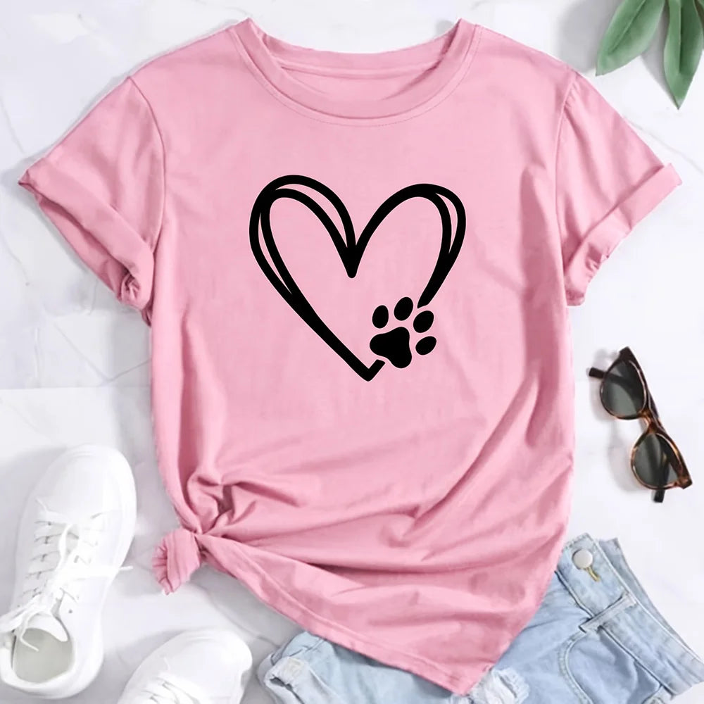 2024 Summer Women's T-Shirt – Plus Size Heart and Dog Footprint Printed Top