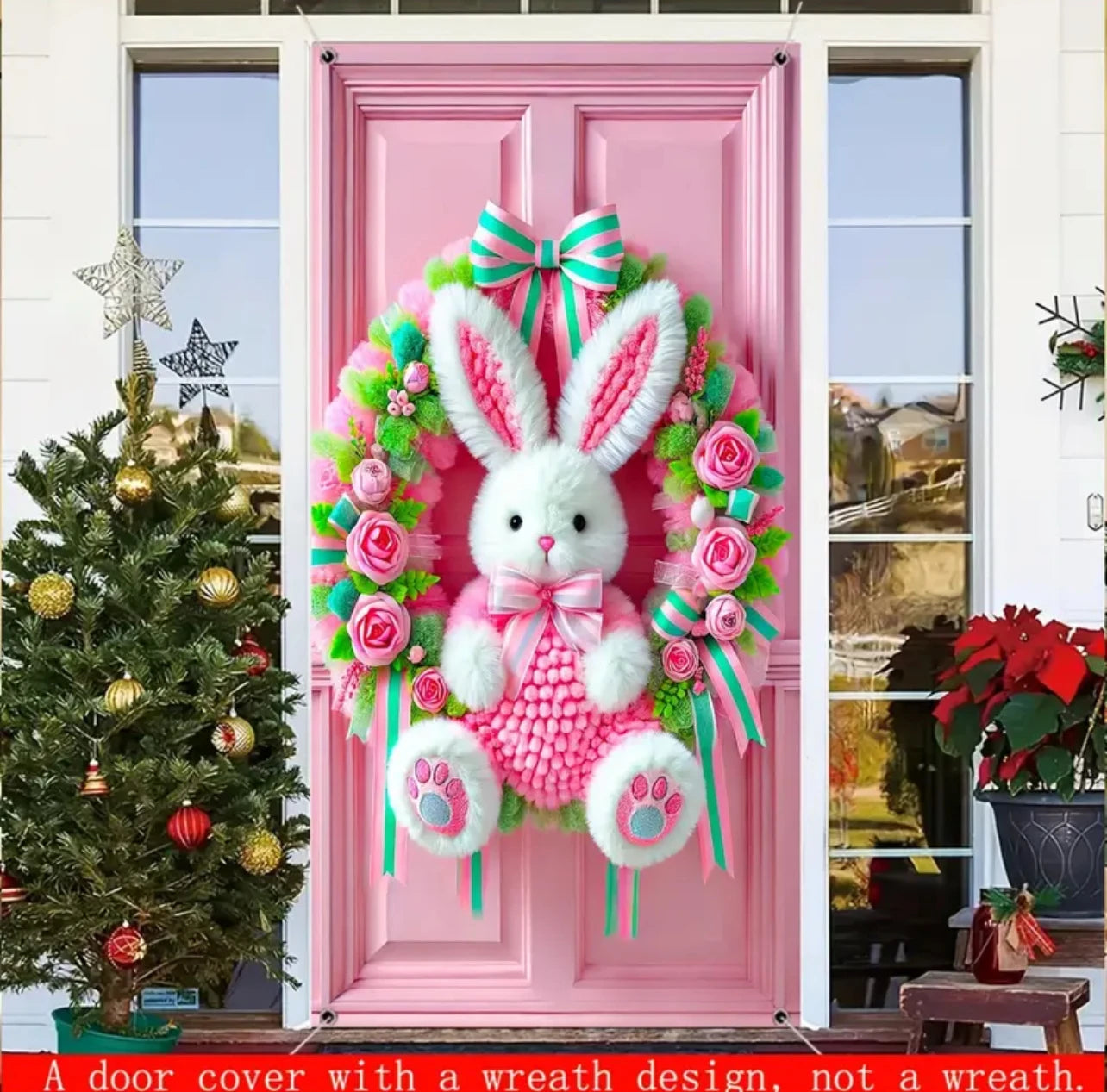 Happy Easter Theme Background Spring Door Cover – Wunderschöner Türkranz mit Hasen, Blumen und Eiern