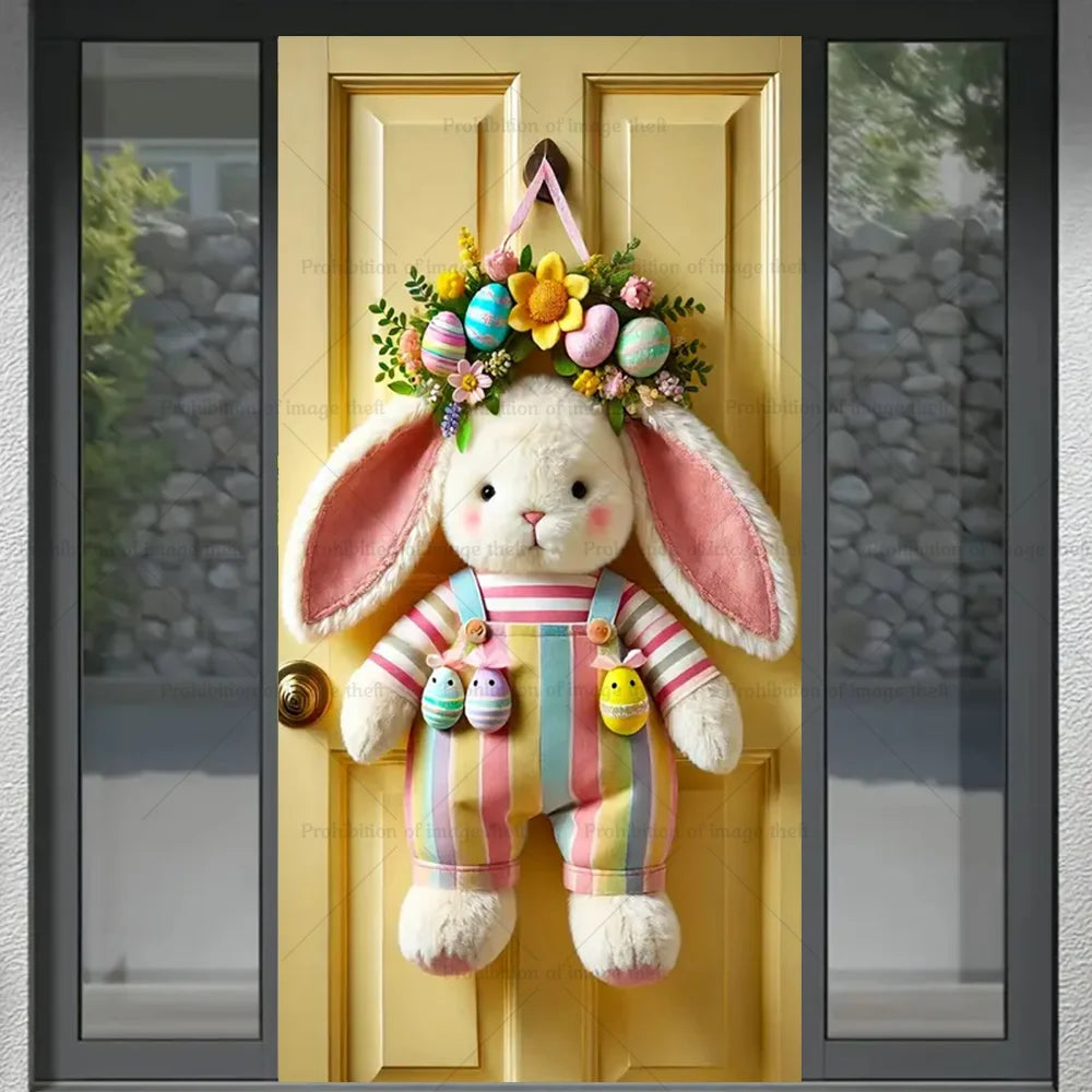 Happy Easter Theme Background Spring Door Cover – Wunderschöner Türkranz mit Hasen, Blumen und Eiern