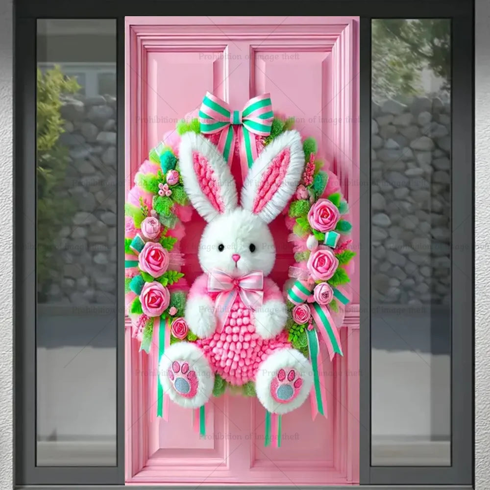 Happy Easter Theme Background Spring Door Cover – Wunderschöner Türkranz mit Hasen, Blumen und Eiern