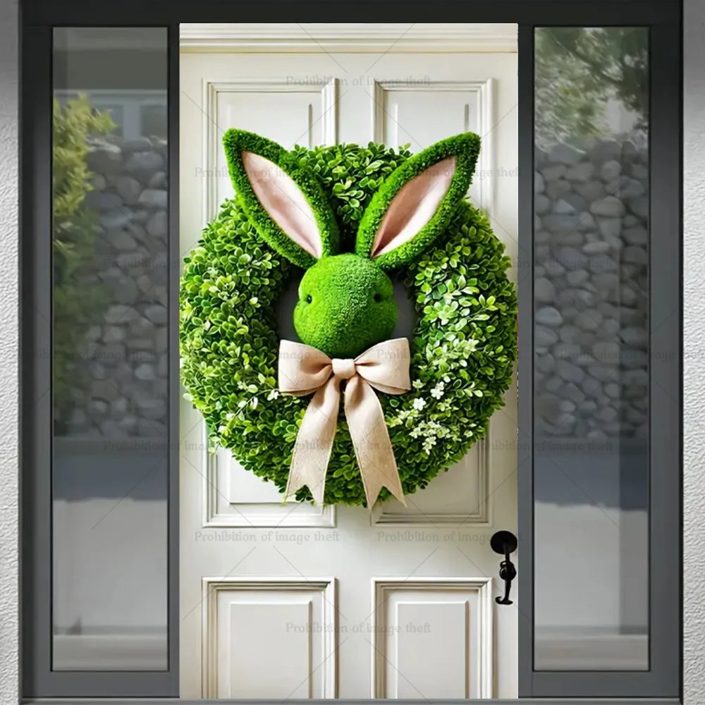 Happy Easter Theme Background Spring Door Cover – Wunderschöner Türkranz mit Hasen, Blumen und Eiern