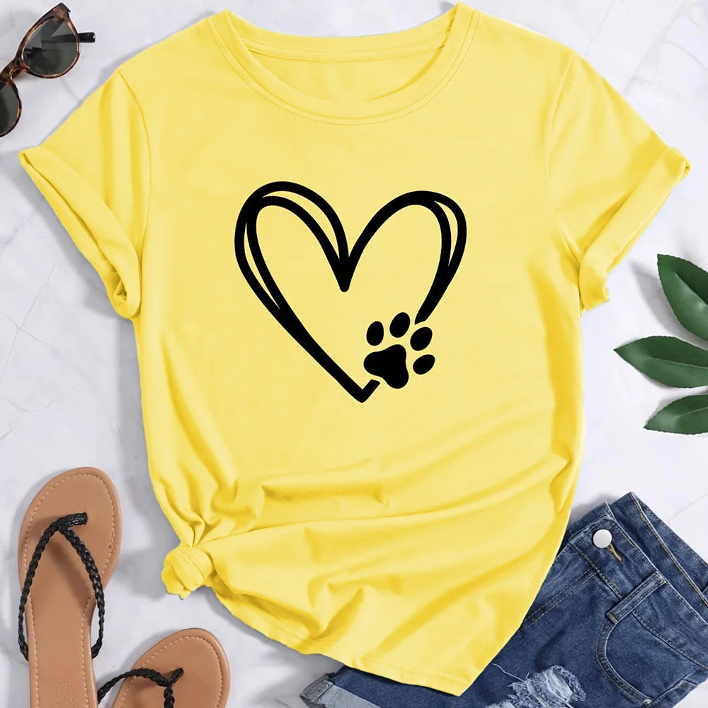 2024 Summer Women's T-Shirt – Plus Size Heart and Dog Footprint Printed Top