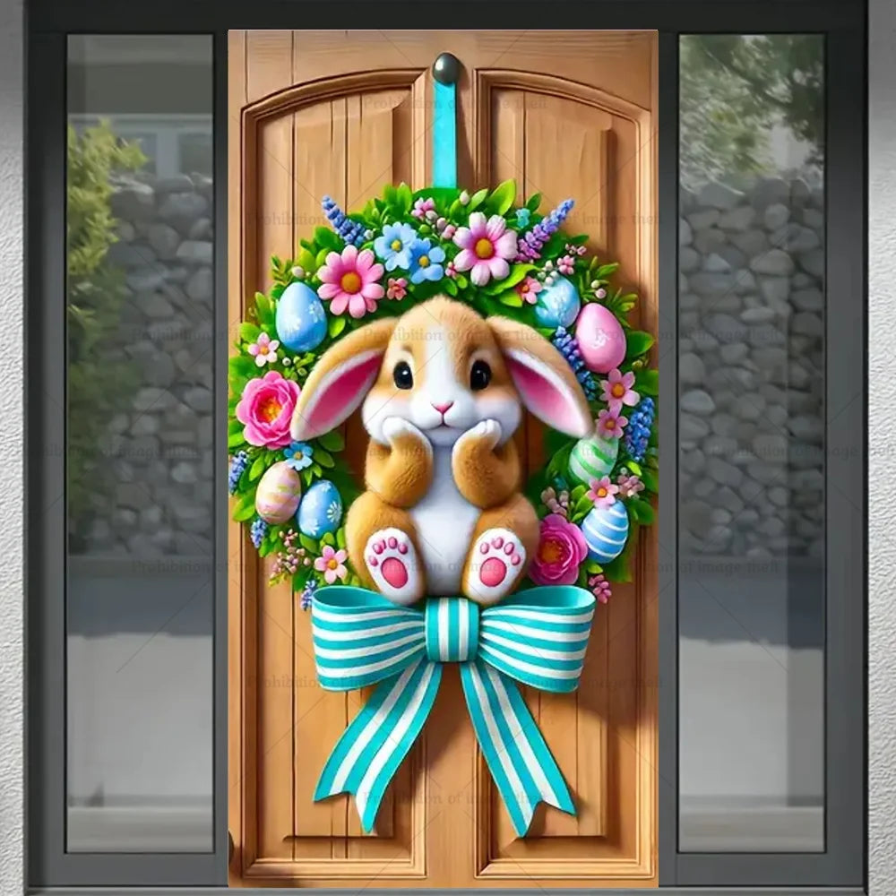 Happy Easter Theme Background Spring Door Cover – Wunderschöner Türkranz mit Hasen, Blumen und Eiern