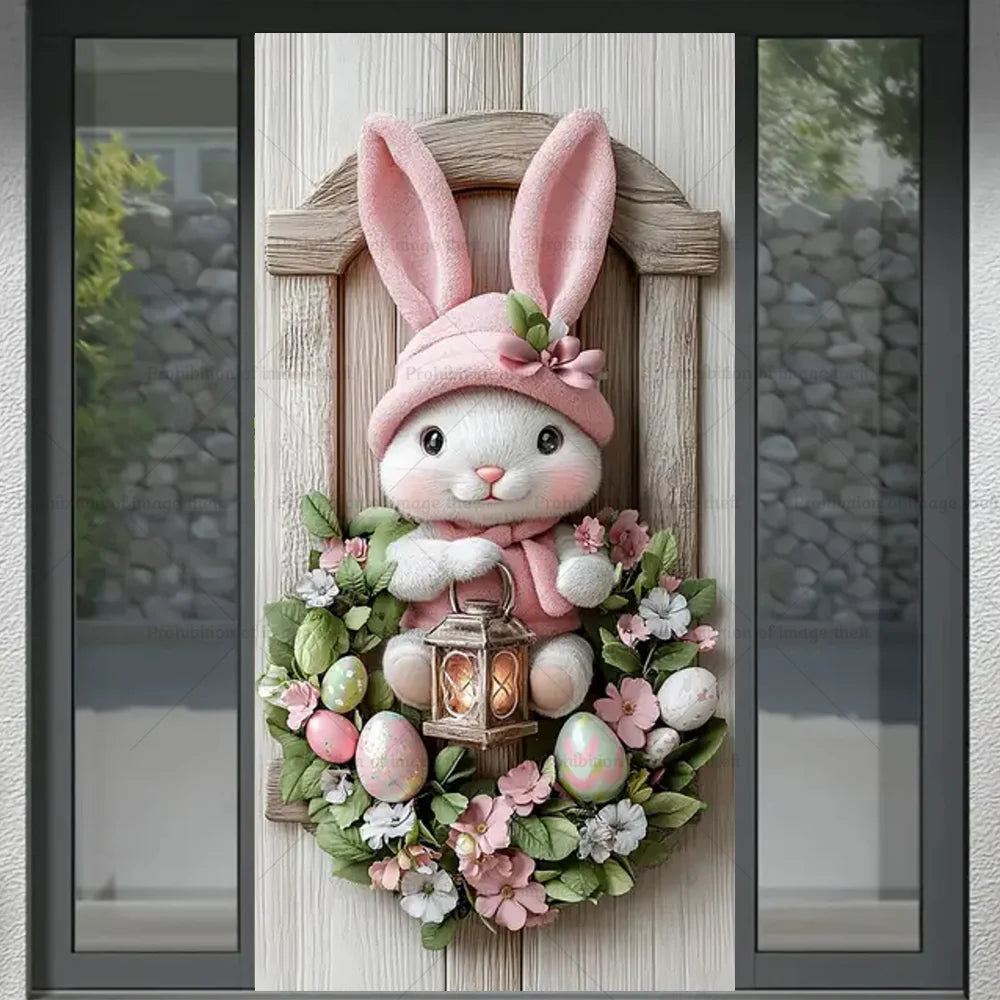 Happy Easter Theme Background Spring Door Cover – Wunderschöner Türkranz mit Hasen, Blumen und Eiern