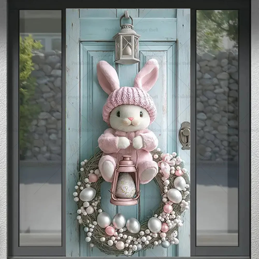 Happy Easter Theme Background Spring Door Cover – Wunderschöner Türkranz mit Hasen, Blumen und Eiern