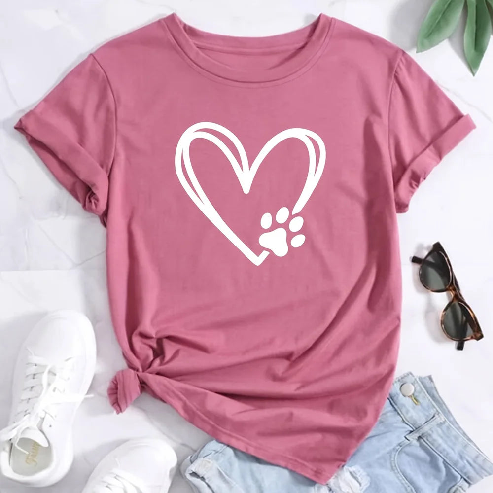 2024 Summer Women's T-Shirt – Plus Size Heart and Dog Footprint Printed Top