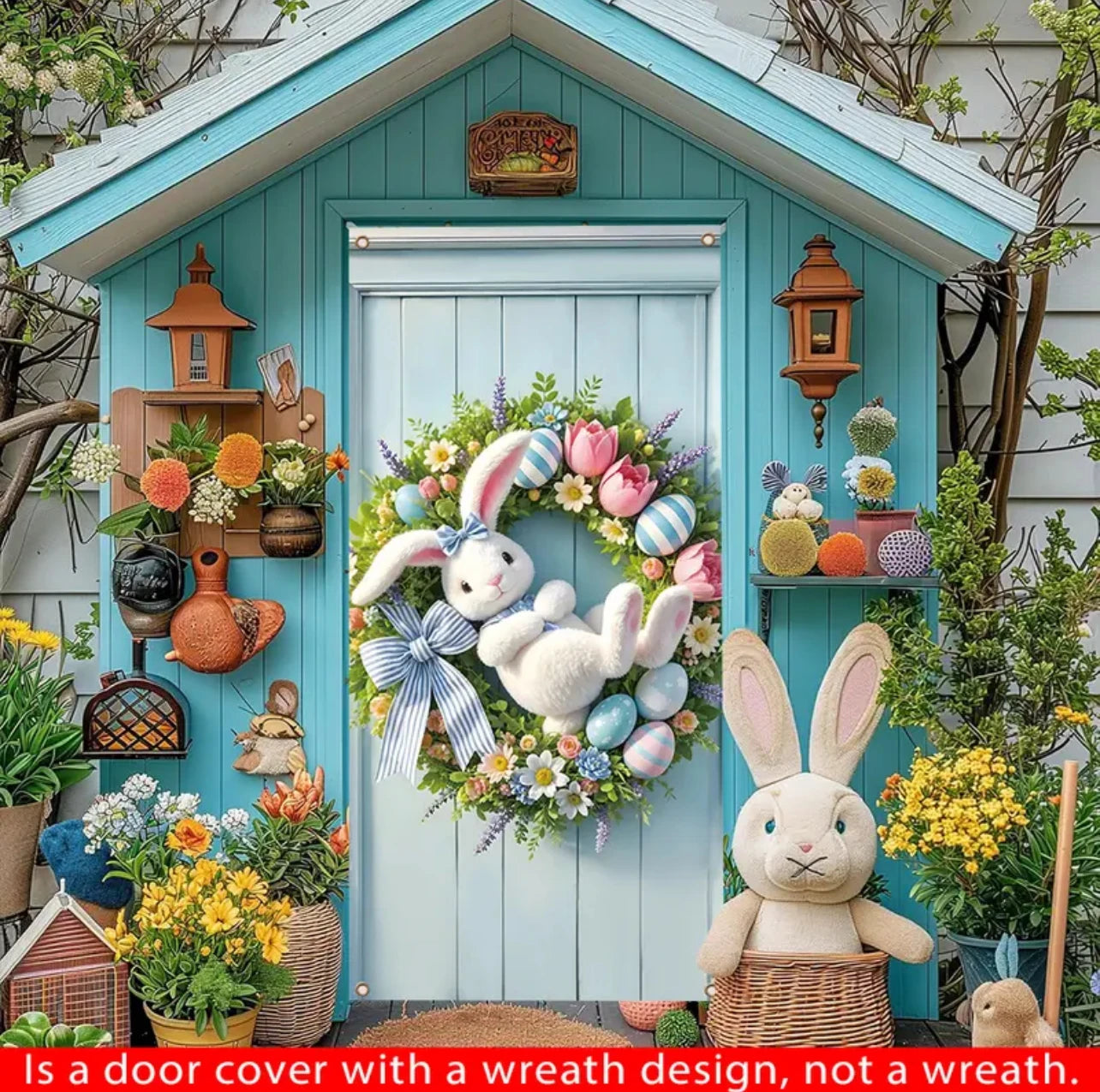 Happy Easter Theme Background Spring Door Cover – Wunderschöner Türkranz mit Hasen, Blumen und Eiern