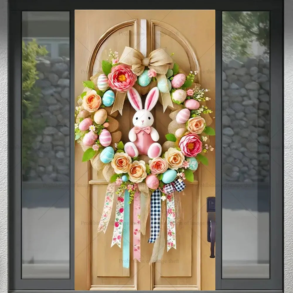 Happy Easter Theme Background Spring Door Cover – Wunderschöner Türkranz mit Hasen, Blumen und Eiern