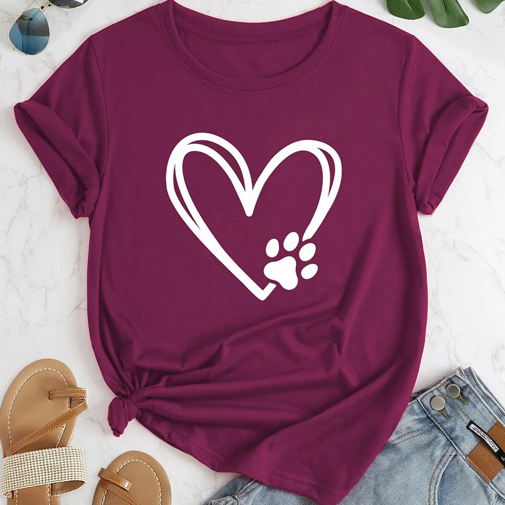 2024 Summer Women's T-Shirt – Plus Size Heart and Dog Footprint Printed Top