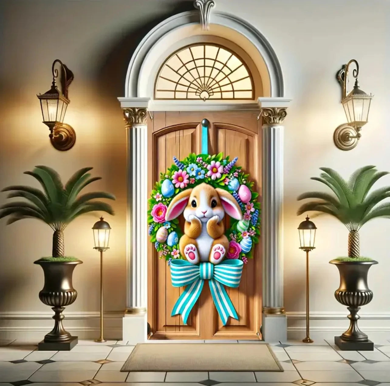 Happy Easter Theme Background Spring Door Cover – Wunderschöner Türkranz mit Hasen, Blumen und Eiern