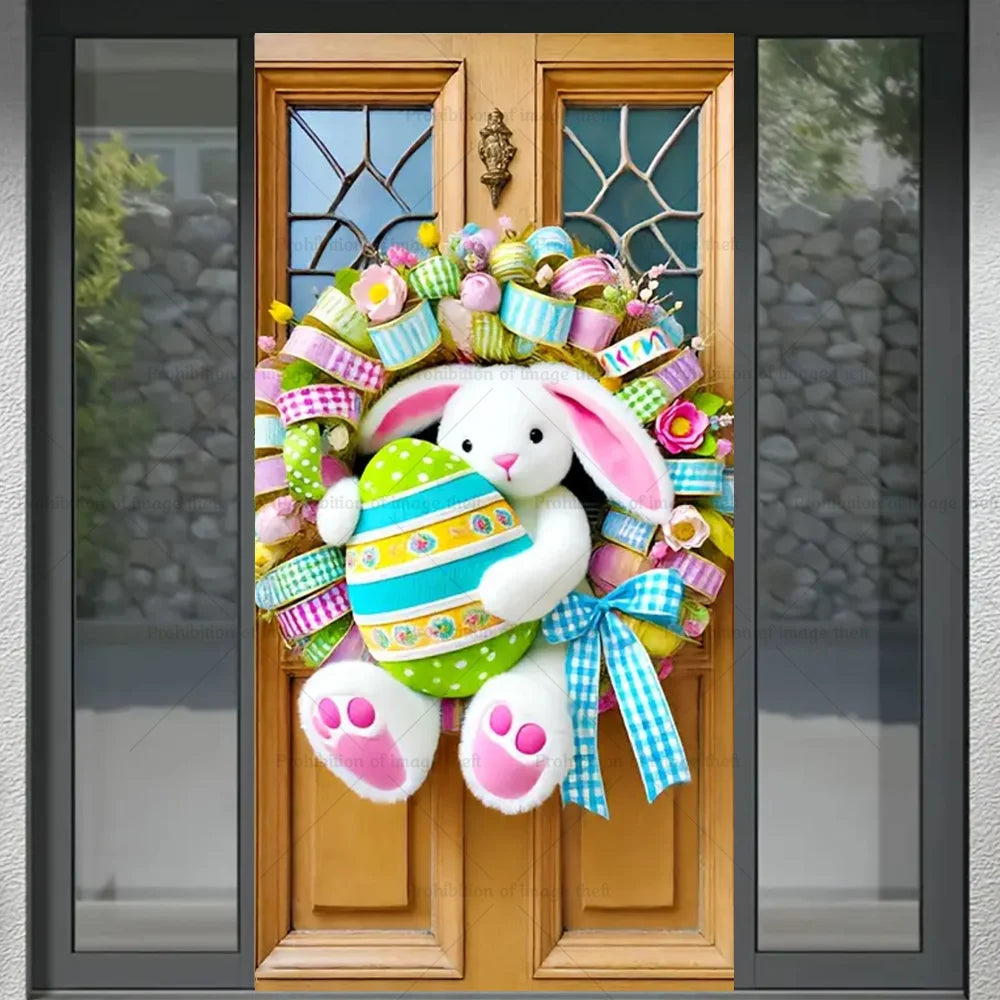 Happy Easter Theme Background Spring Door Cover – Wunderschöner Türkranz mit Hasen, Blumen und Eiern