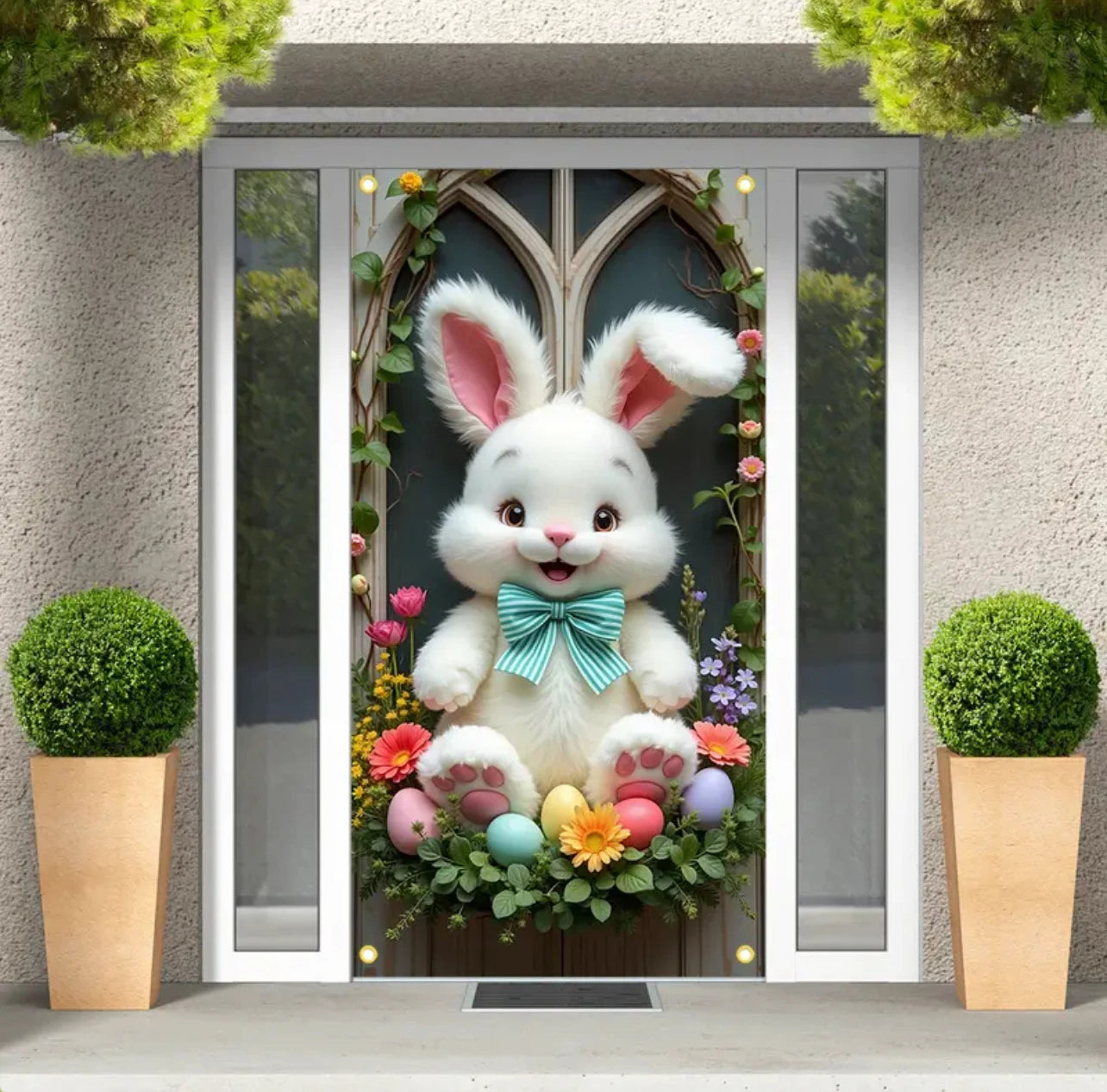 Happy Easter Theme Background Spring Door Cover – Wunderschöner Türkranz mit Hasen, Blumen und Eiern