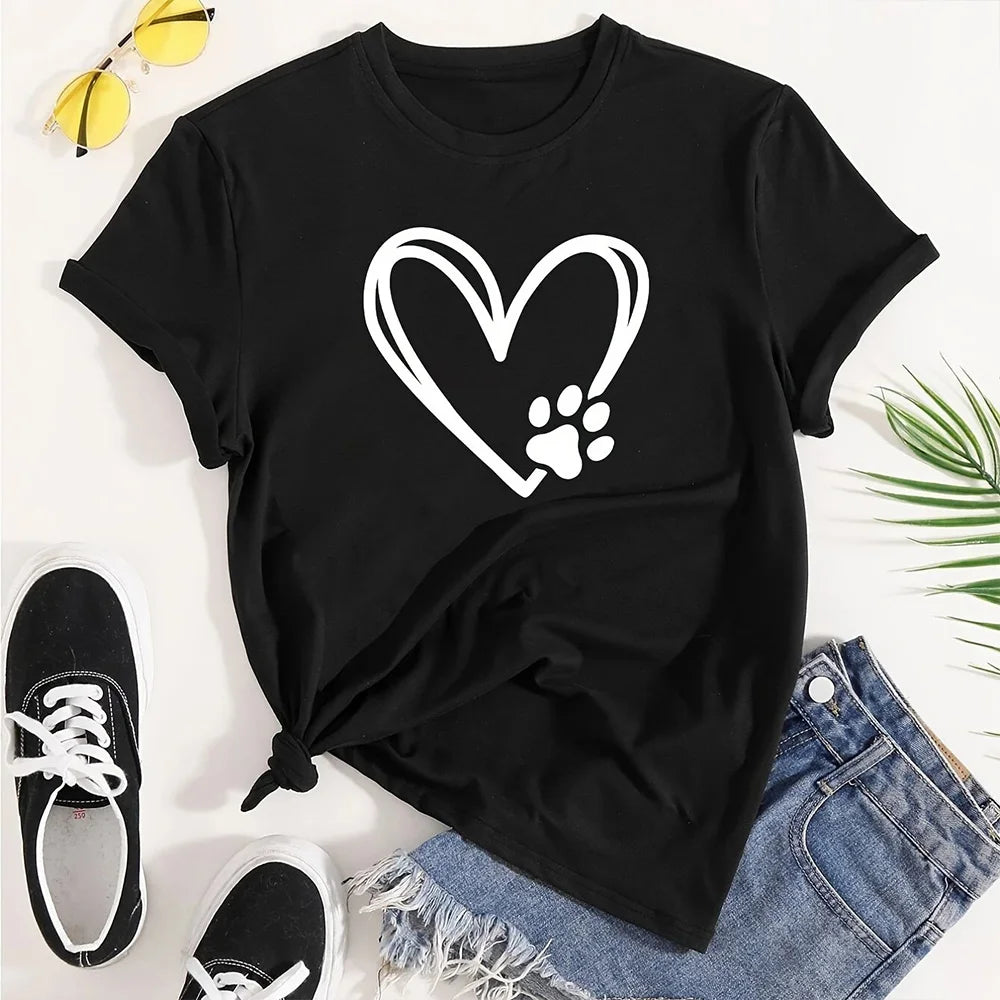 2024 Summer Women's T-Shirt – Plus Size Heart and Dog Footprint Printed Top