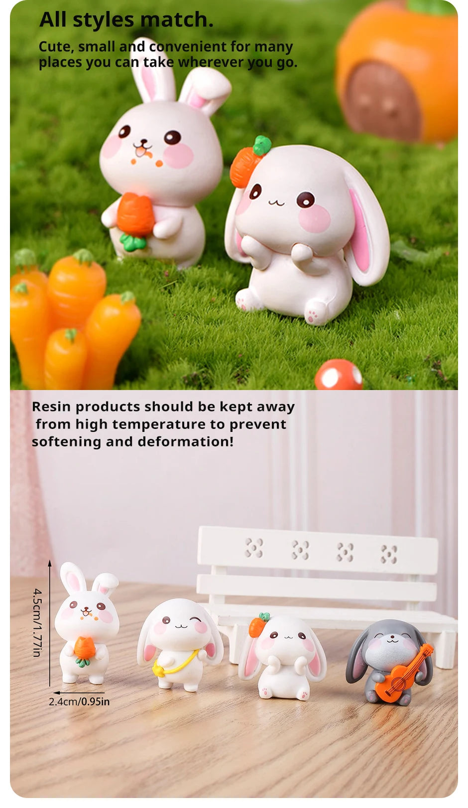 Set aus 4 Resin Cute Rabbit Ornaments – Niedliche DIY Schlüsselanhänger und Miniatur-Landschaftszubehör