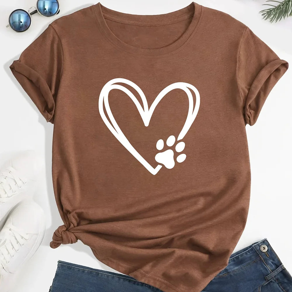 2024 Summer Women's T-Shirt – Plus Size Heart and Dog Footprint Printed Top