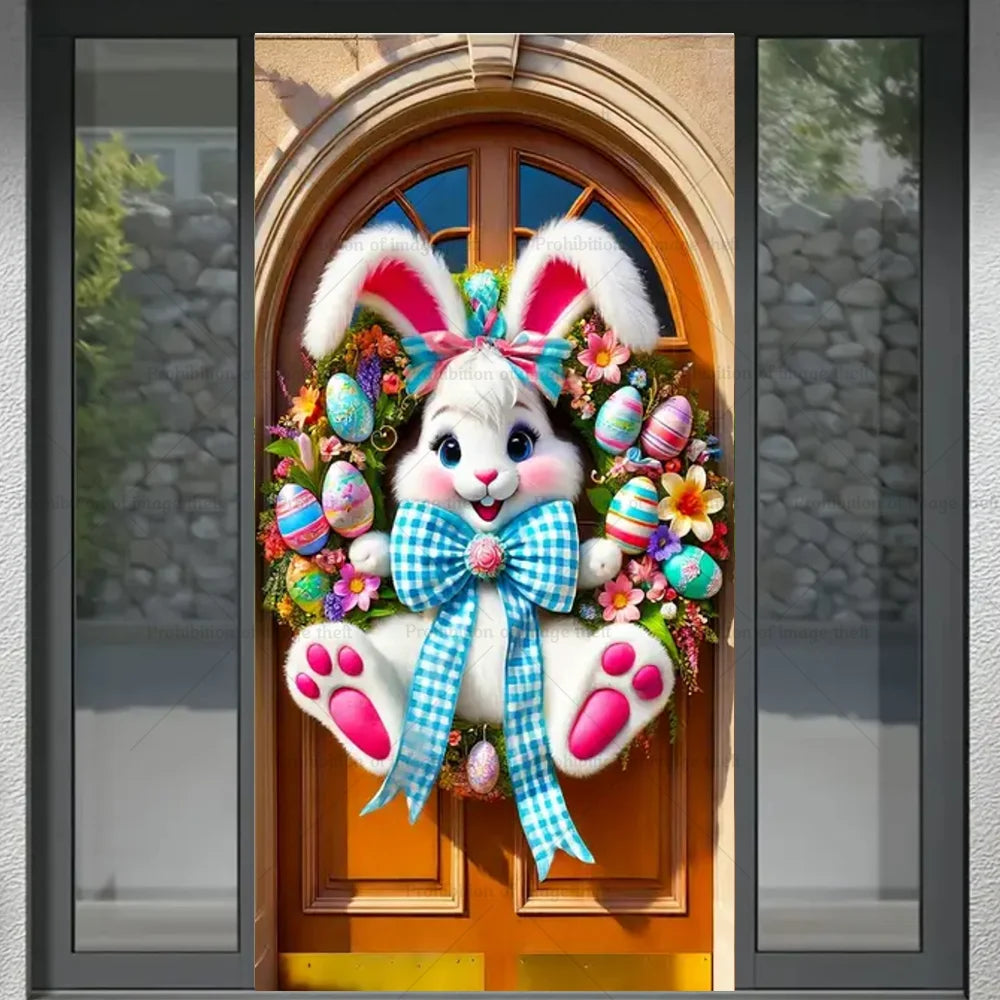 Happy Easter Theme Background Spring Door Cover – Wunderschöner Türkranz mit Hasen, Blumen und Eiern