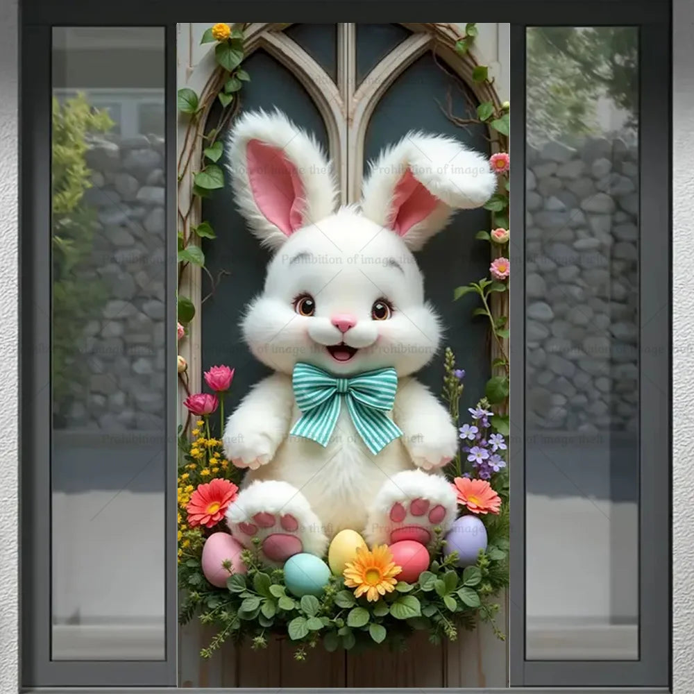 Happy Easter Theme Background Spring Door Cover – Wunderschöner Türkranz mit Hasen, Blumen und Eiern